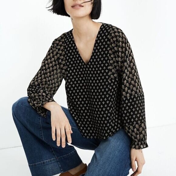 Madewell Sheer-Sleeve Top‎ in Brushstroke Paisley Mix XS - Picture 1 of 7